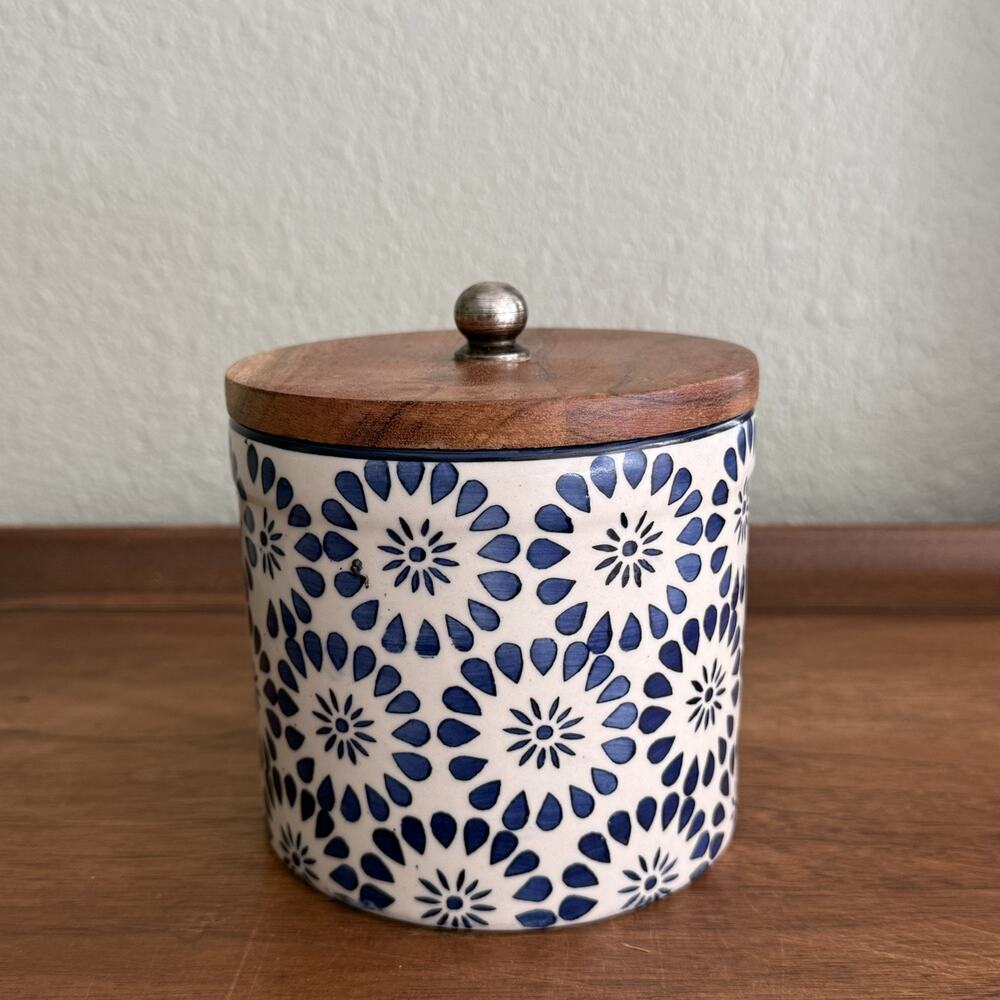 Colbalt Blue & White Ceramic Canister Jar W/ Wooden Airtight Lid